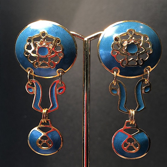 Vintage Jewelry - Berébi cerulean enameled pierced dangle earrings. EUC - 3” x 1” Unique Stamped